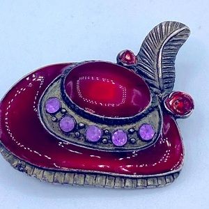 Vintage Silver Tone Red Enamel And Purple Rhinestone Hat With Feather Pin/Brooch